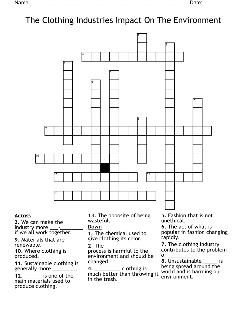 The Clothing Industries Impact On The Environment Crossword