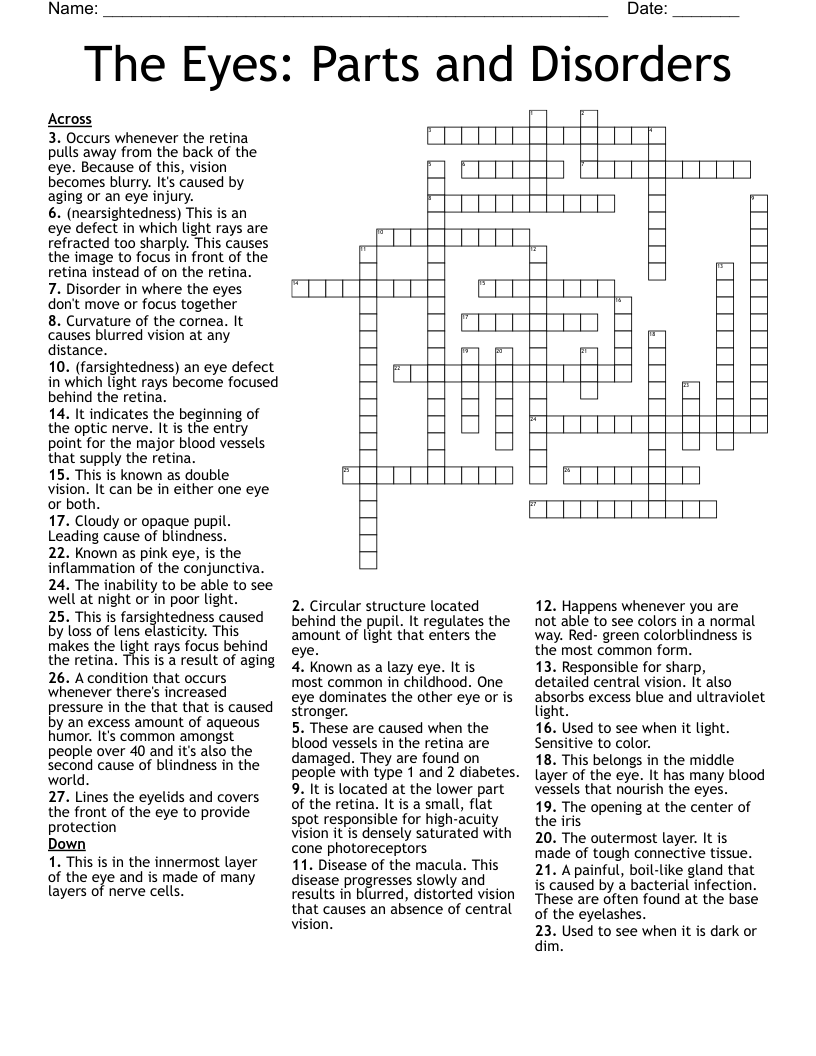 The Eyes: Parts and Disorders Crossword