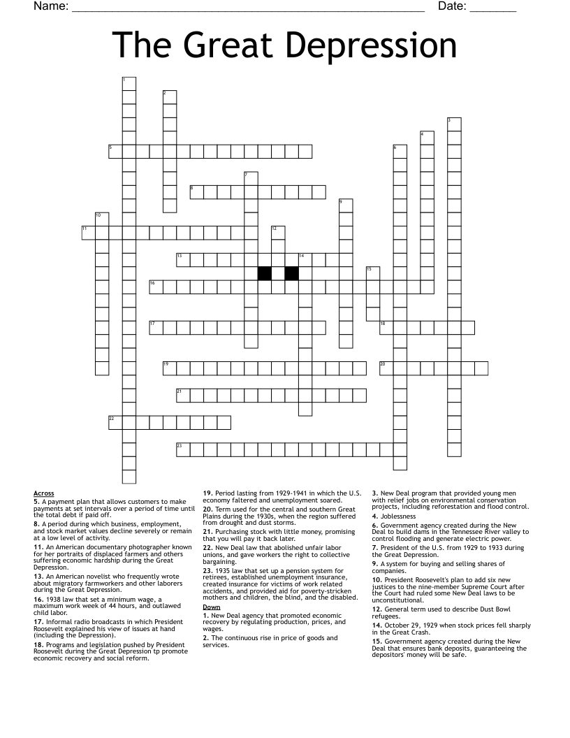 The Great Depression Crossword