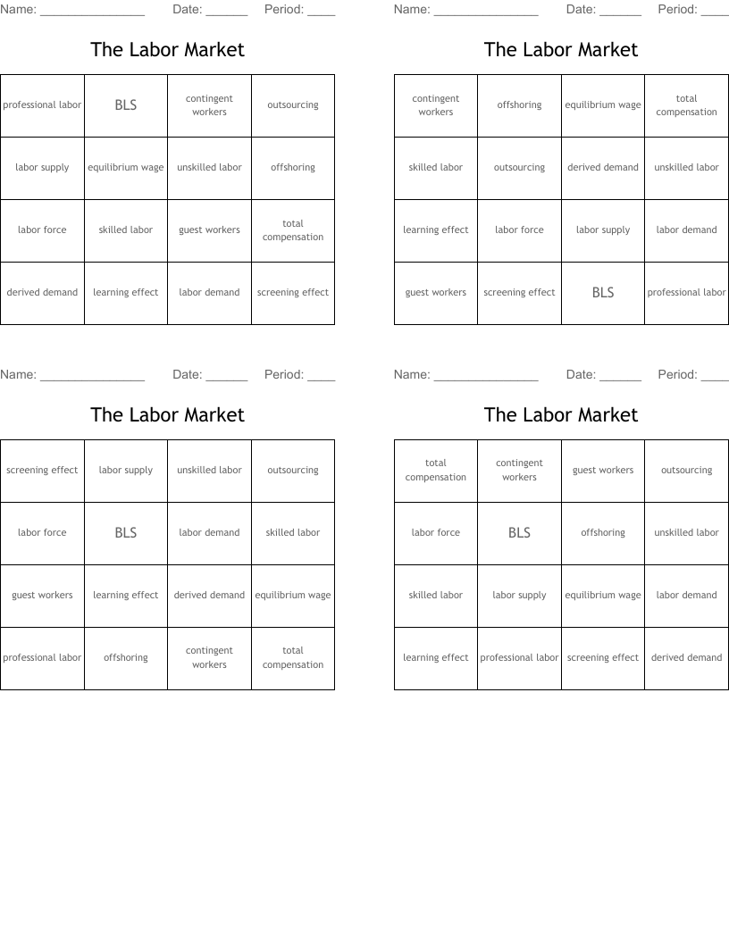 The Labor Market Bingo Cards - WordMint