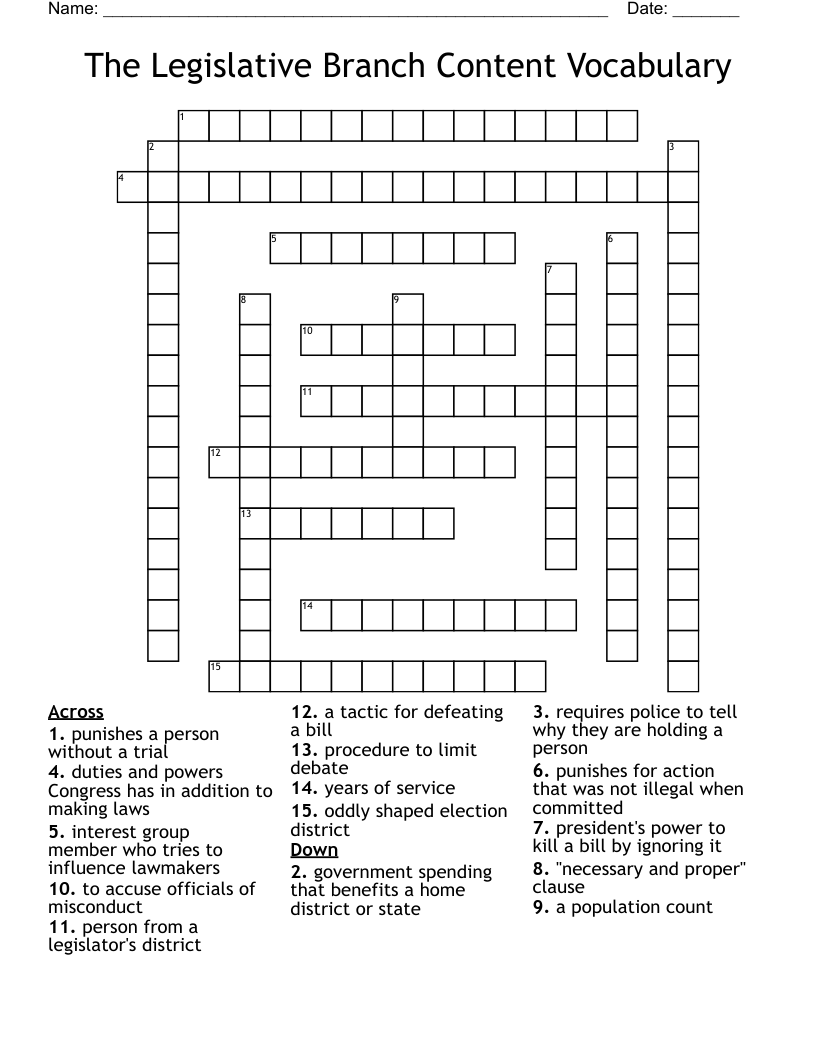 The Legislative Branch Content Vocabulary Crossword