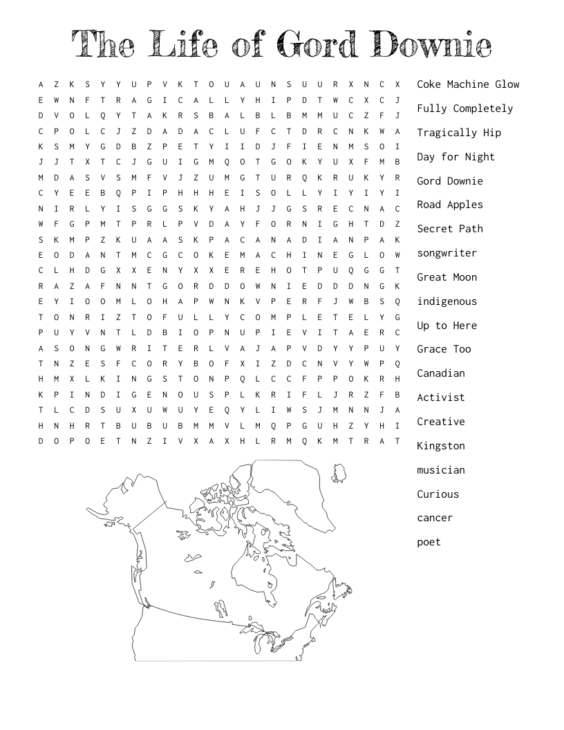 The Life of Gord Downie Word Search
