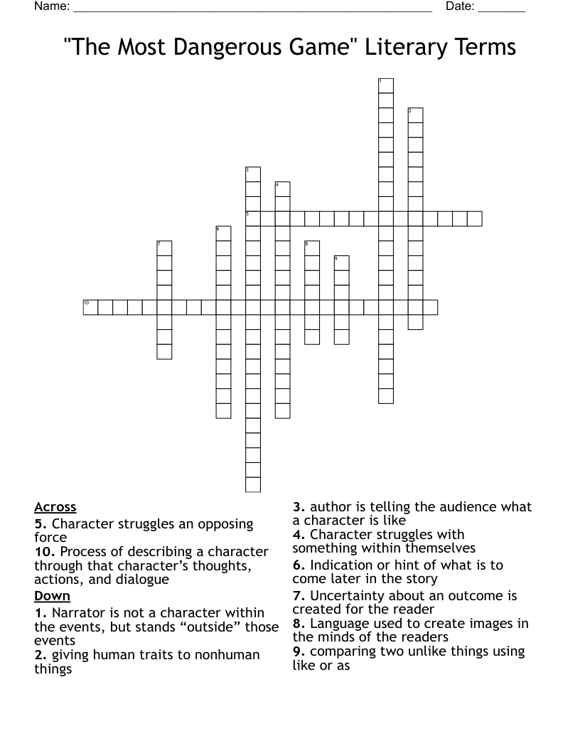 "The Most Dangerous Game" Literary Terms  Crossword