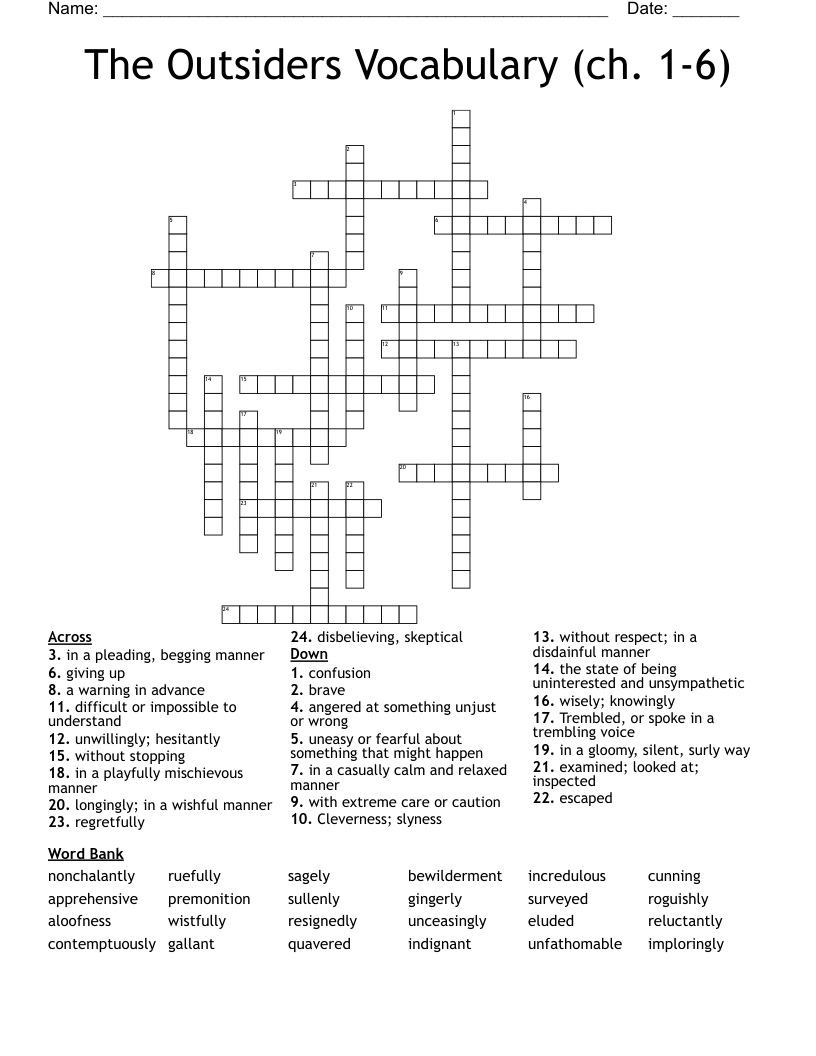 The Outsiders Vocabulary (ch. 1-6) Crossword