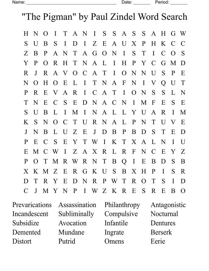 "The Pigman" by Paul Zindel Word Search