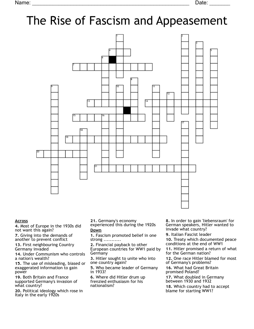 The Rise of Fascism and Appeasement Crossword