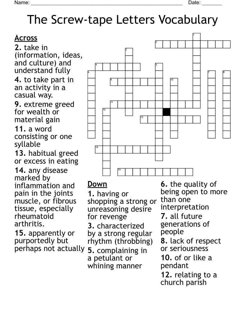 The Screw-tape Letters Vocabulary  Crossword