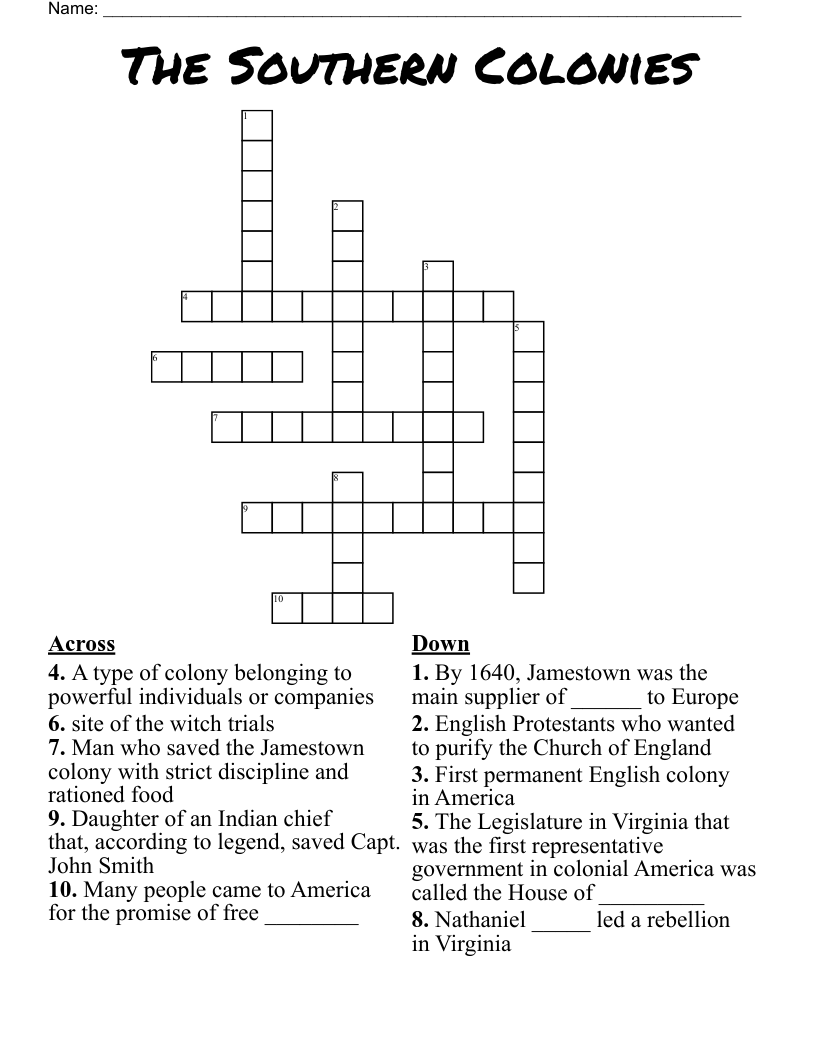 The Southern Colonies Crossword