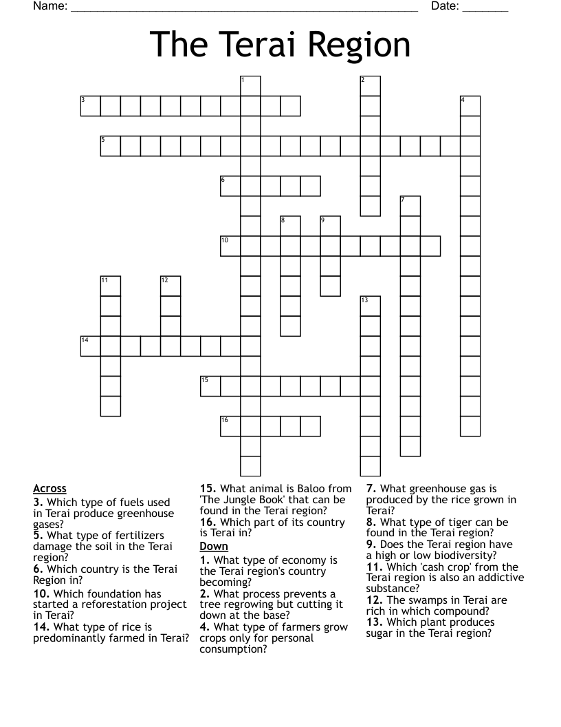 The Terai Region Crossword