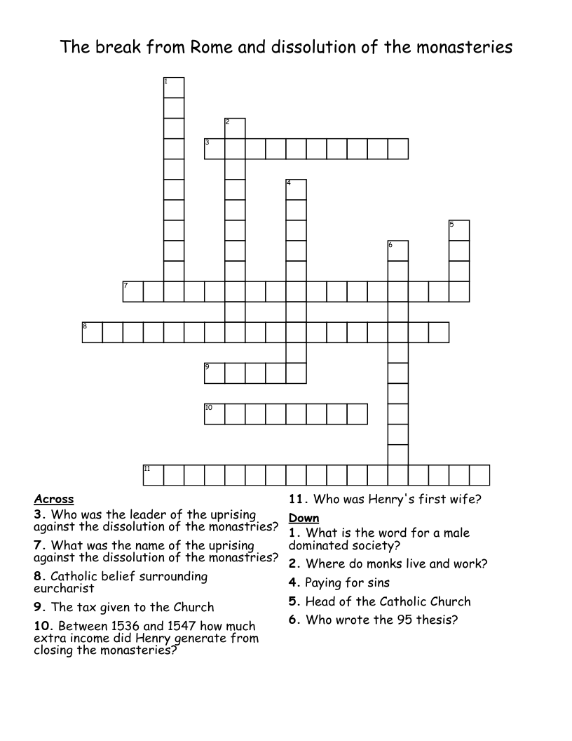 The break from Rome and dissolution of the monasteries Crossword