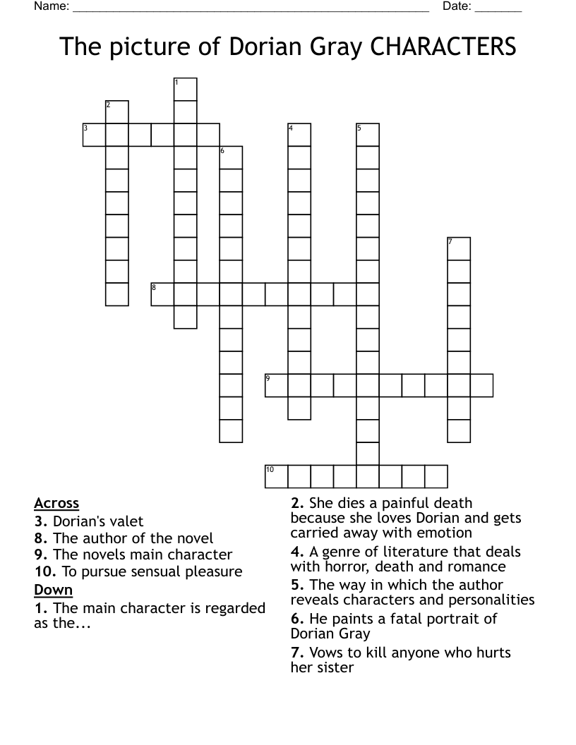 The picture of Dorian Gray CHARACTERS Crossword
