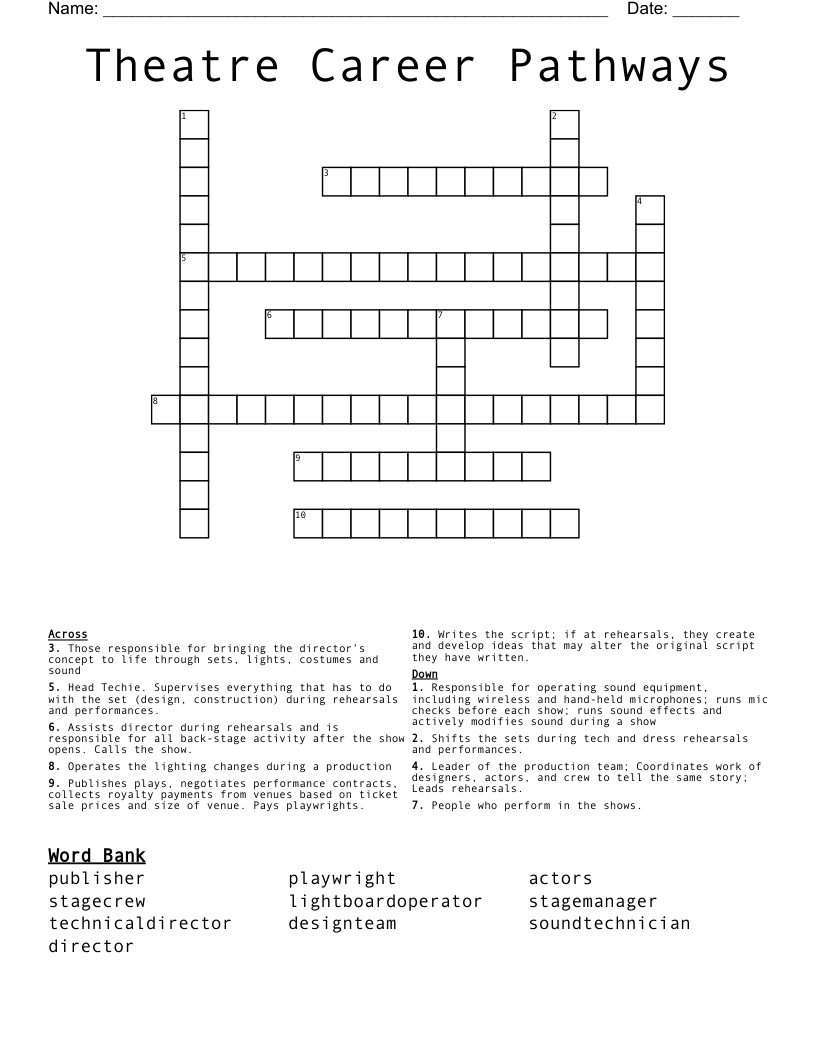 Theatre Career Pathways Crossword