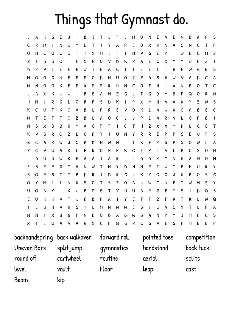 Things that Gymnast do. Word Search