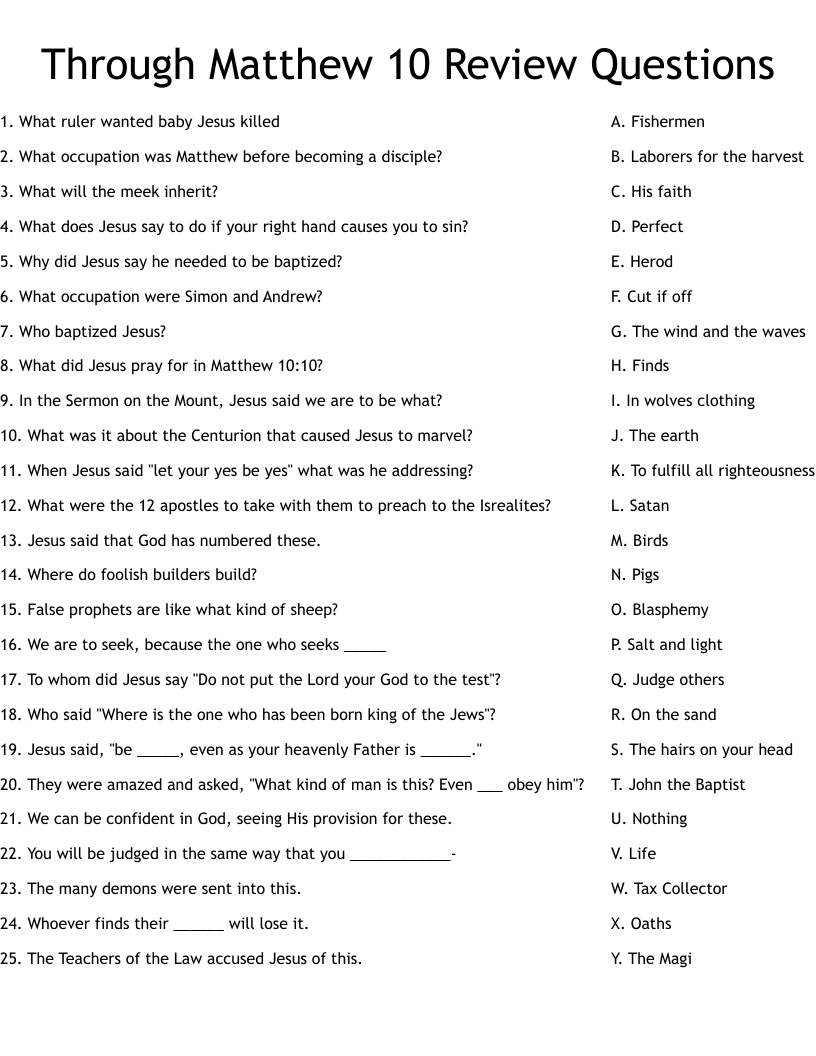 Through Matthew 10 Review Questions Worksheet