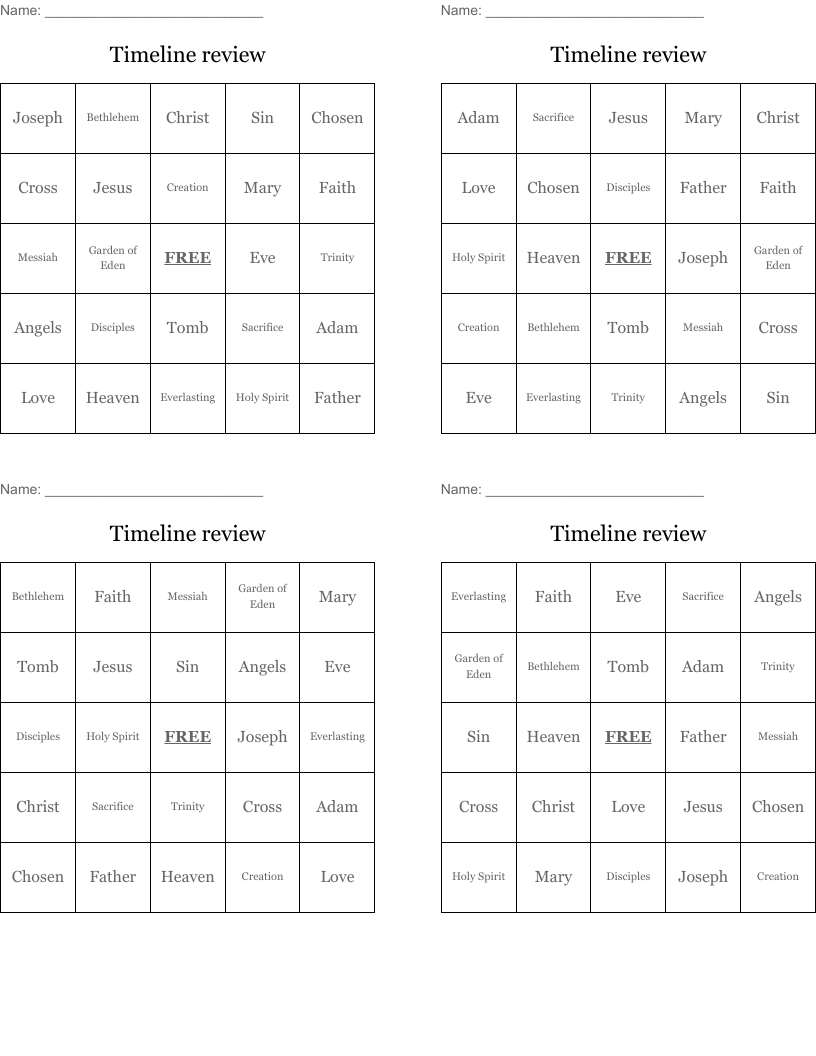 Timeline review Bingo Cards