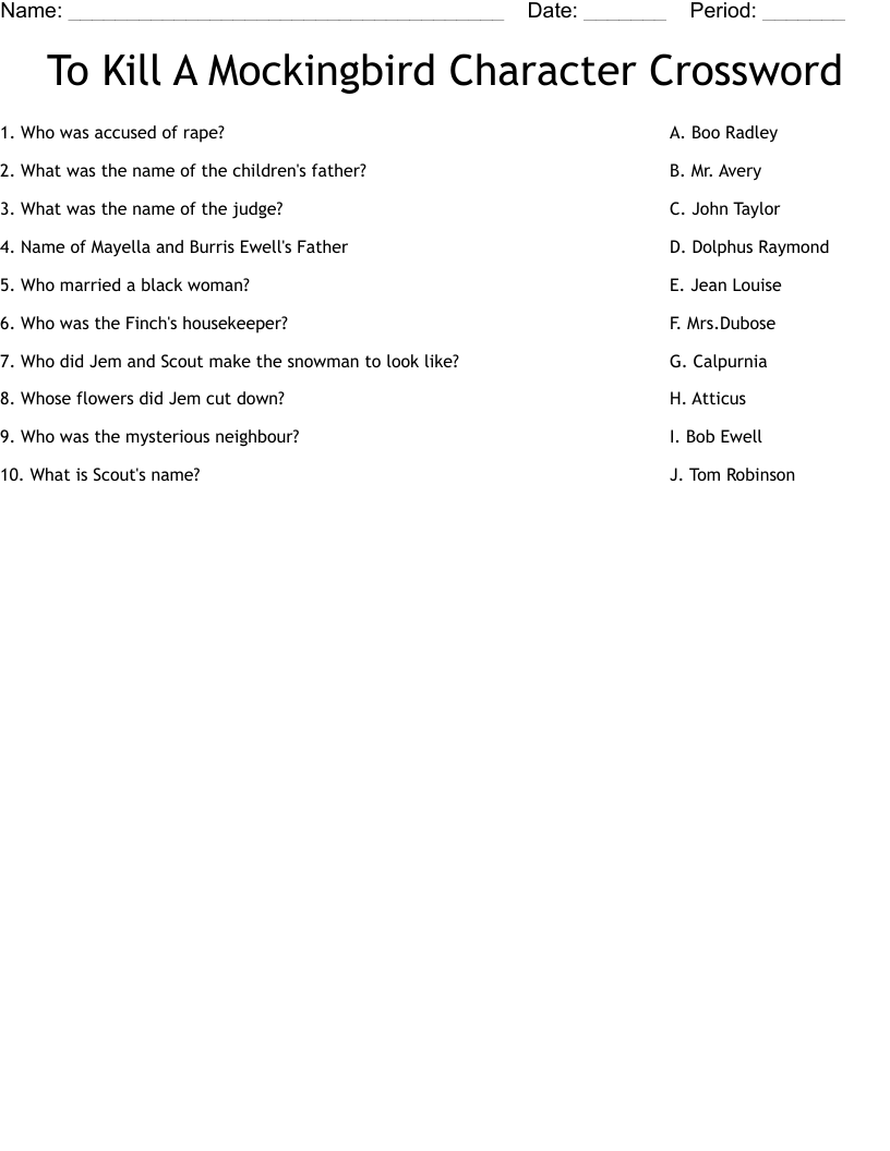 To Kill A Mockingbird Character Crossword Worksheet