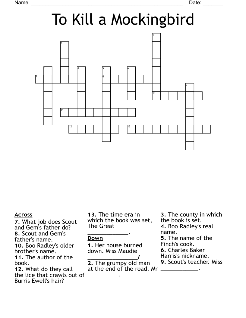 To Kill a Mockingbird Crossword