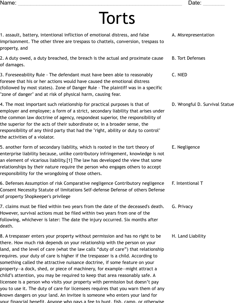 Torts Worksheet