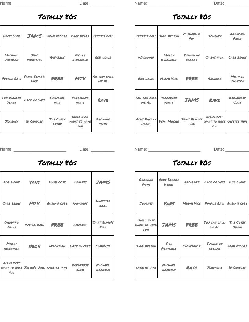 Totally 80s Bingo Cards
