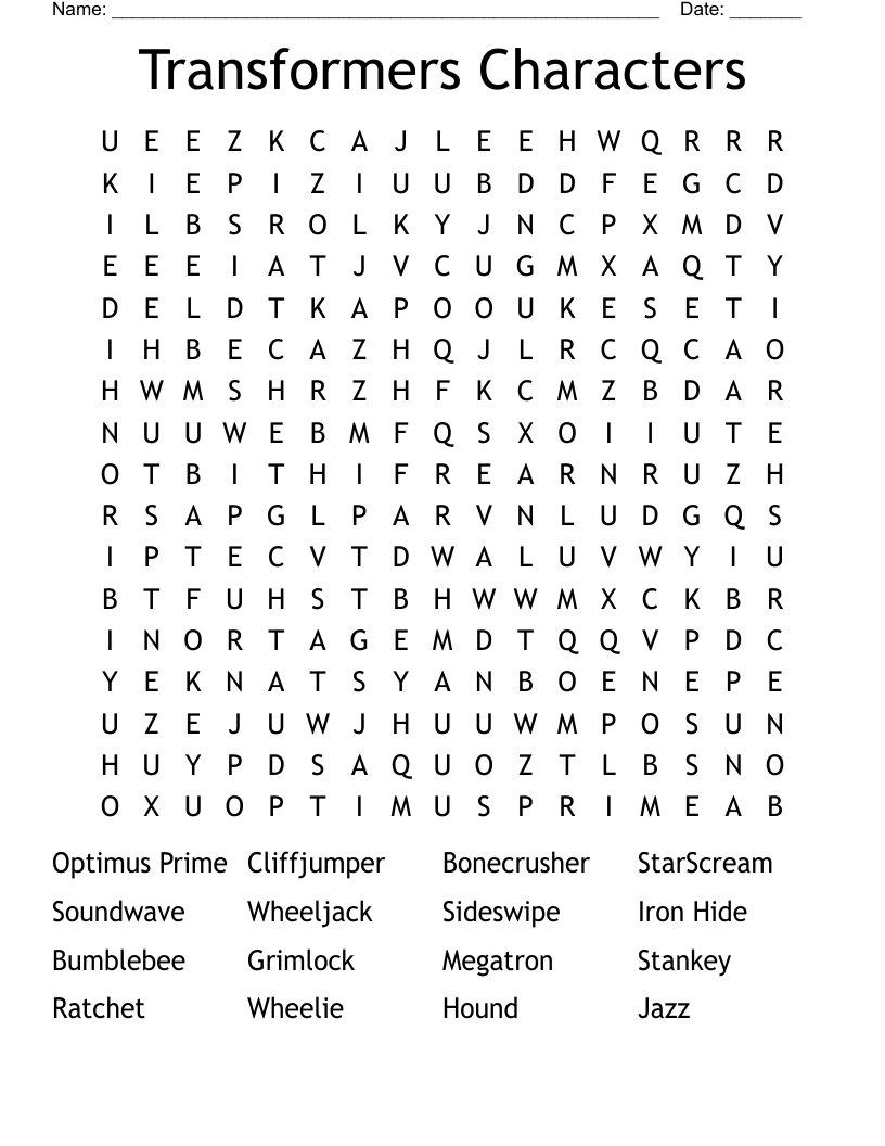 Transformers Characters Word Search