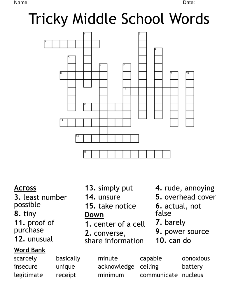 Tricky Middle School Words Crossword