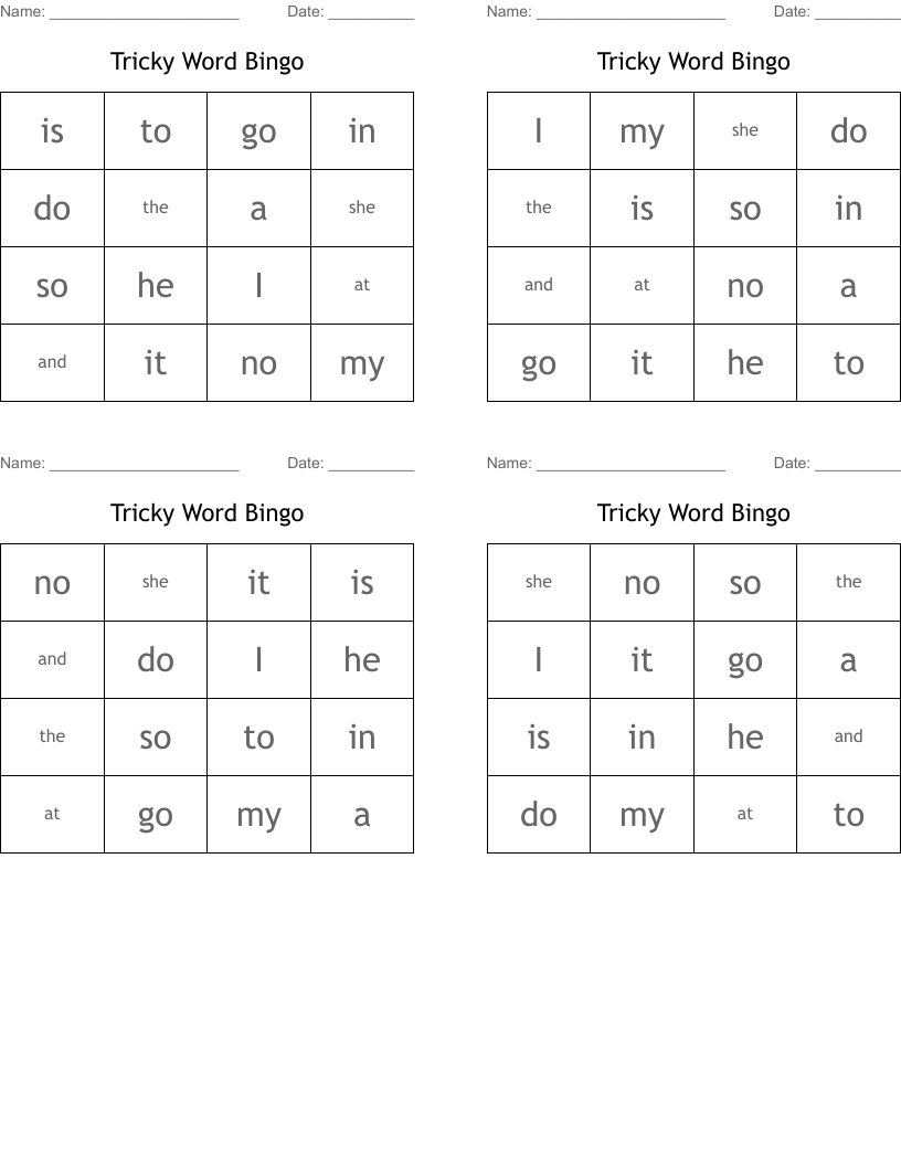 Tricky Word Bingo
