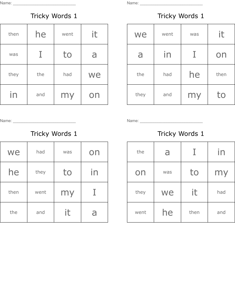 Tricky Words 1 Bingo Cards