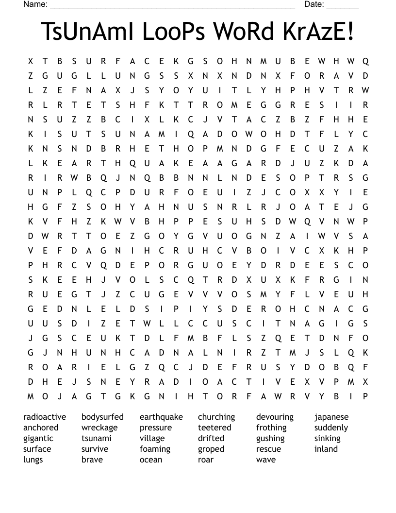 TsUnAmI LooPs WoRd KrAzE! Word Search