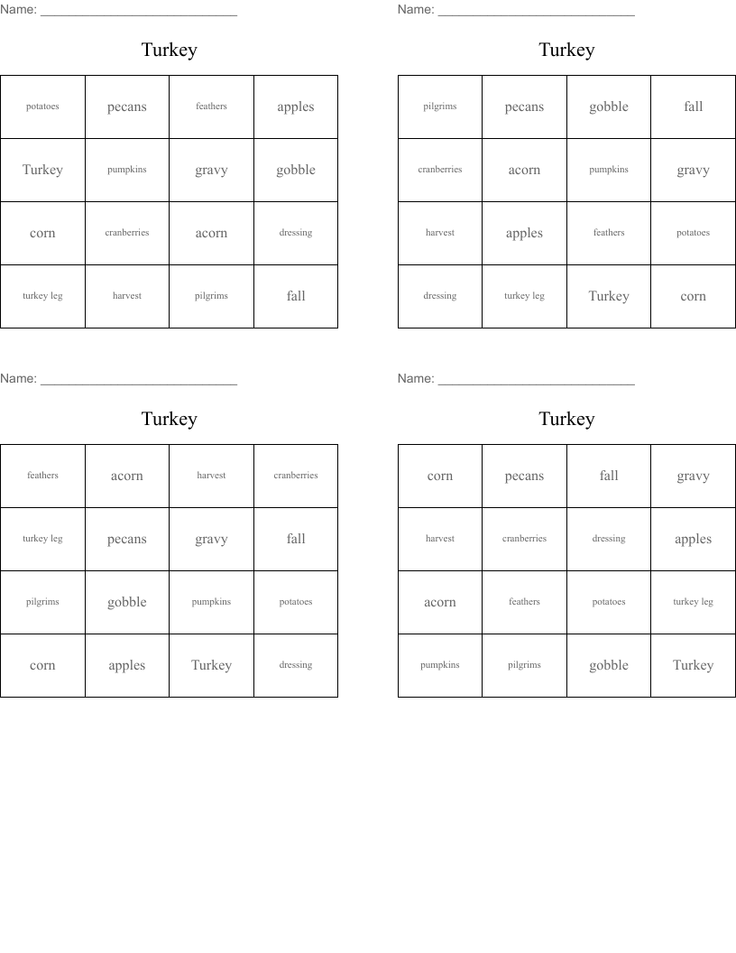 Turkey Bingo Cards