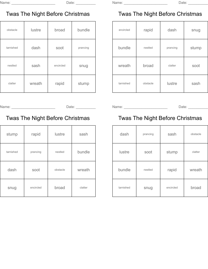 Twas The Night Before Christmas Bingo Cards