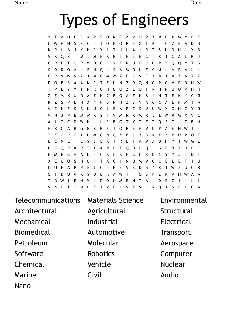 Types of Engineers Word Search