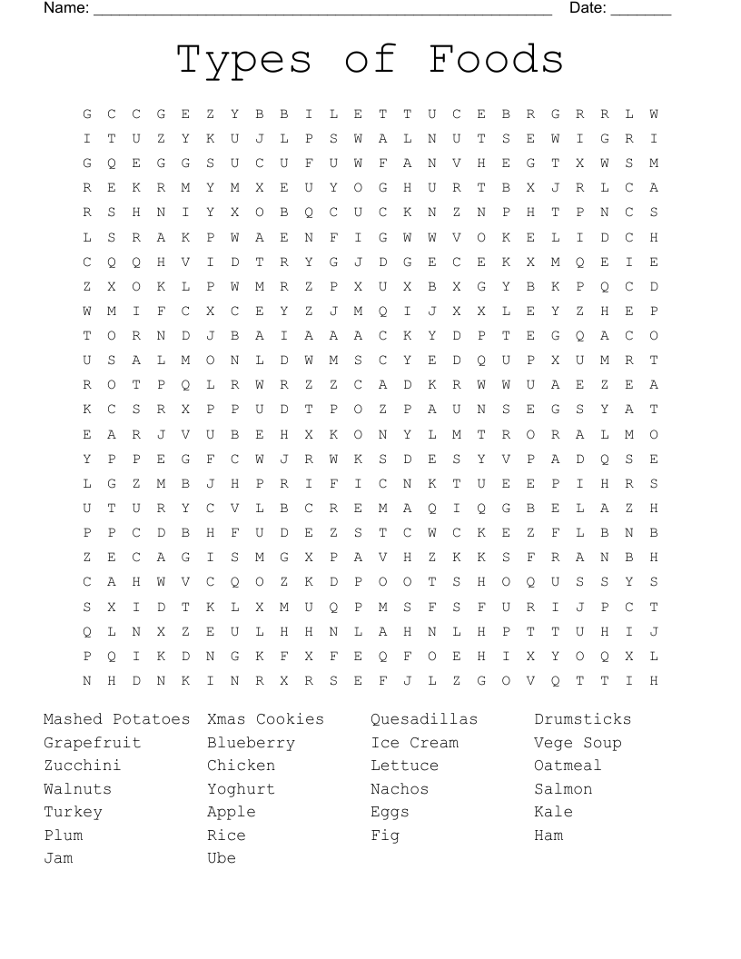Types of Foods Word Search