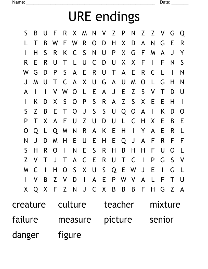 URE endings Word Search