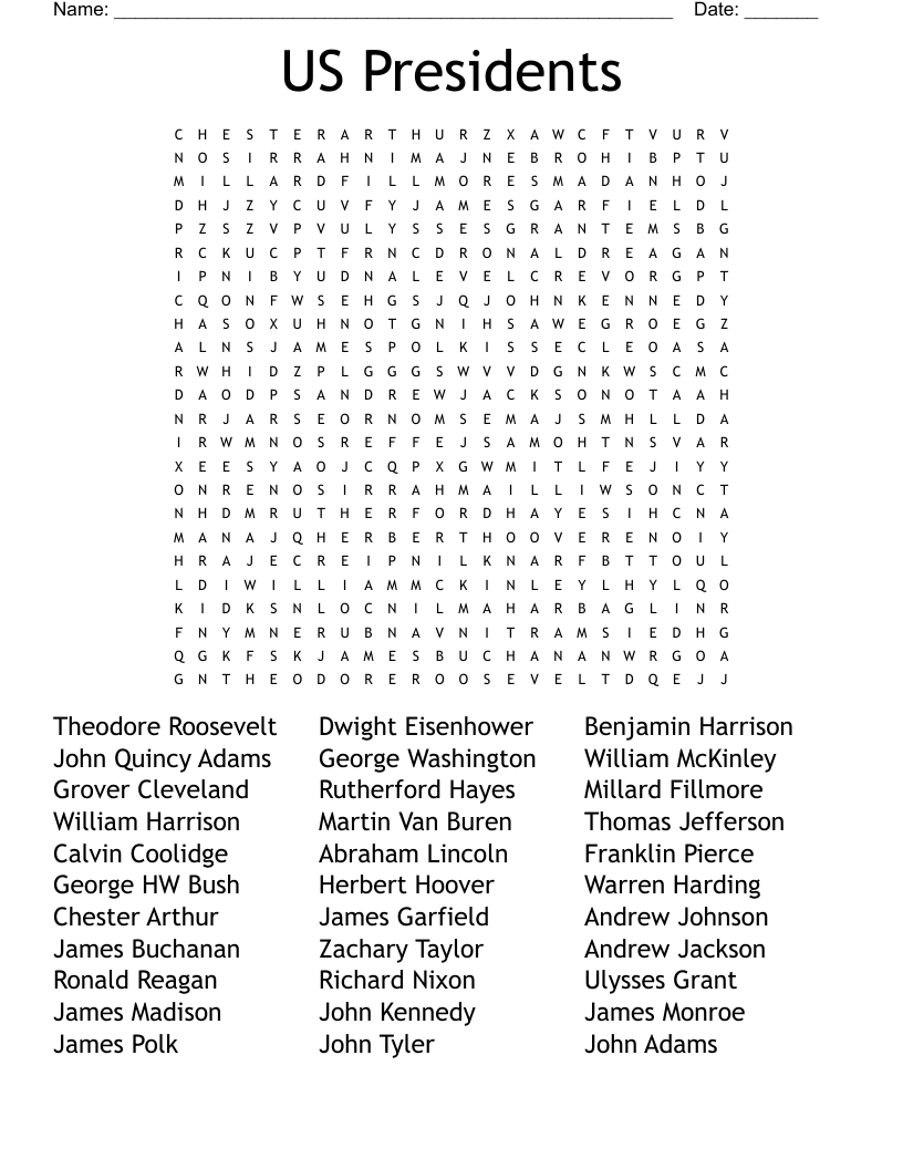 US Presidents Word Search