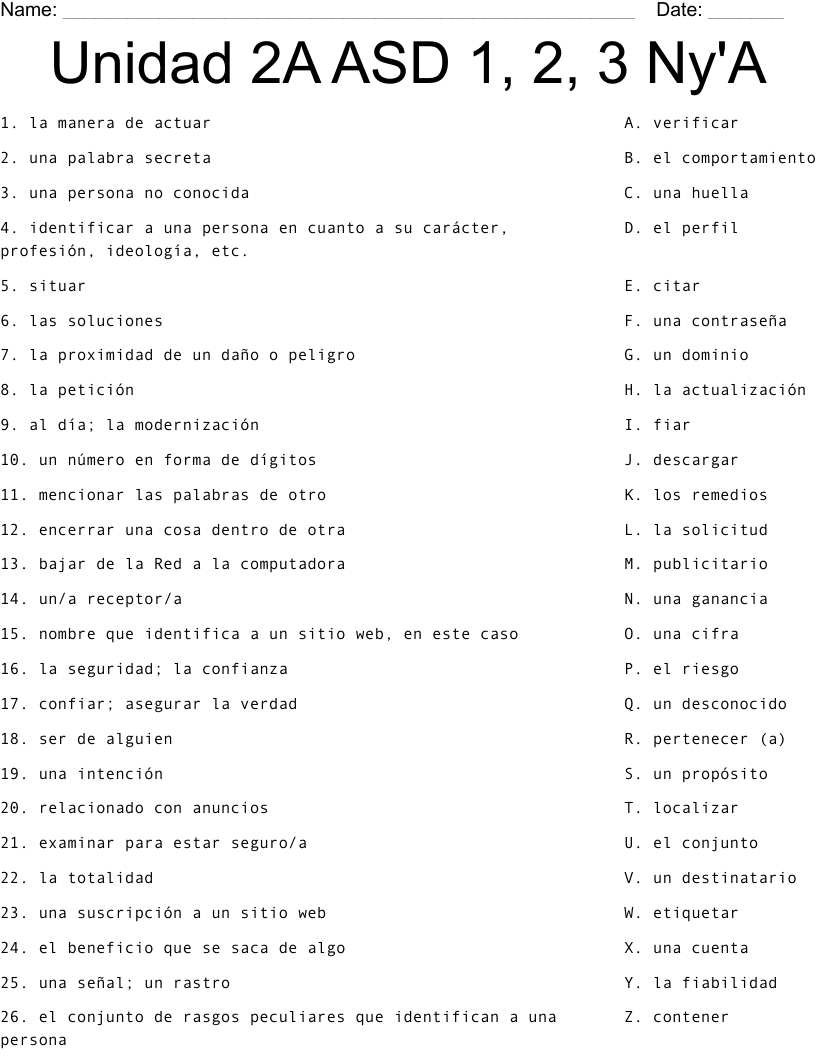 Unidad 2A ASD 1, 2, 3 Ny'A Worksheet