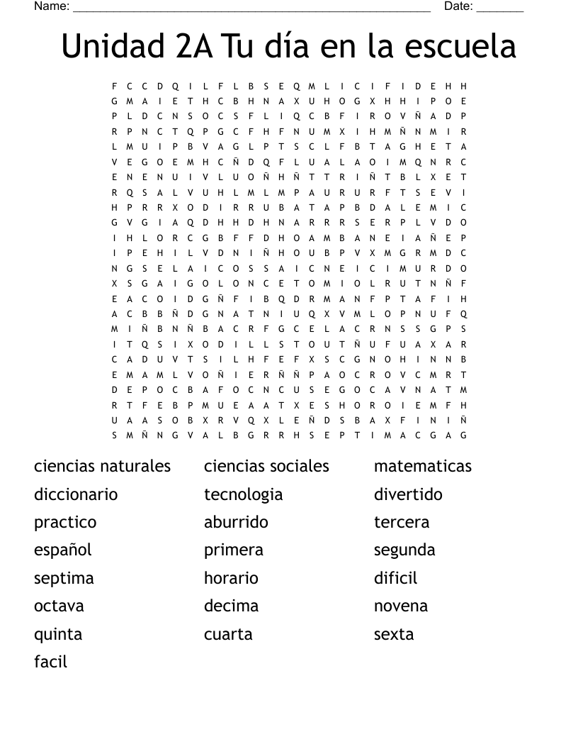 Unidad 2A Tu día en la escuela Word Search