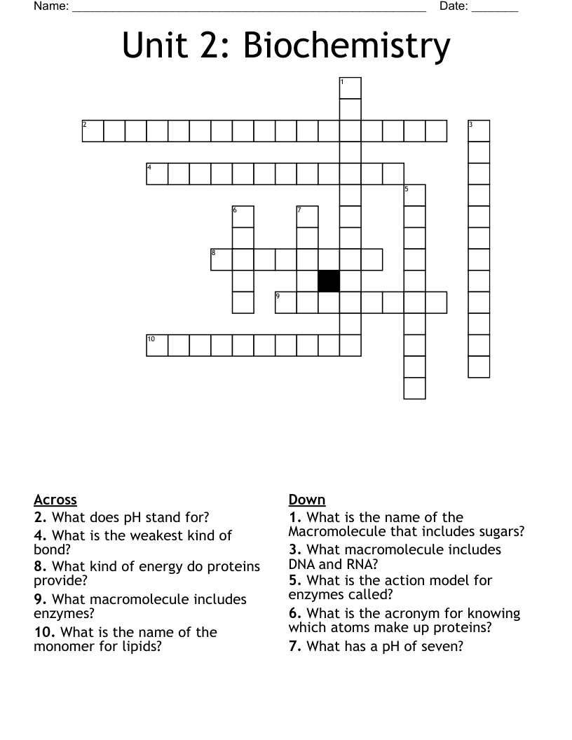 Unit 2: Biochemistry Crossword