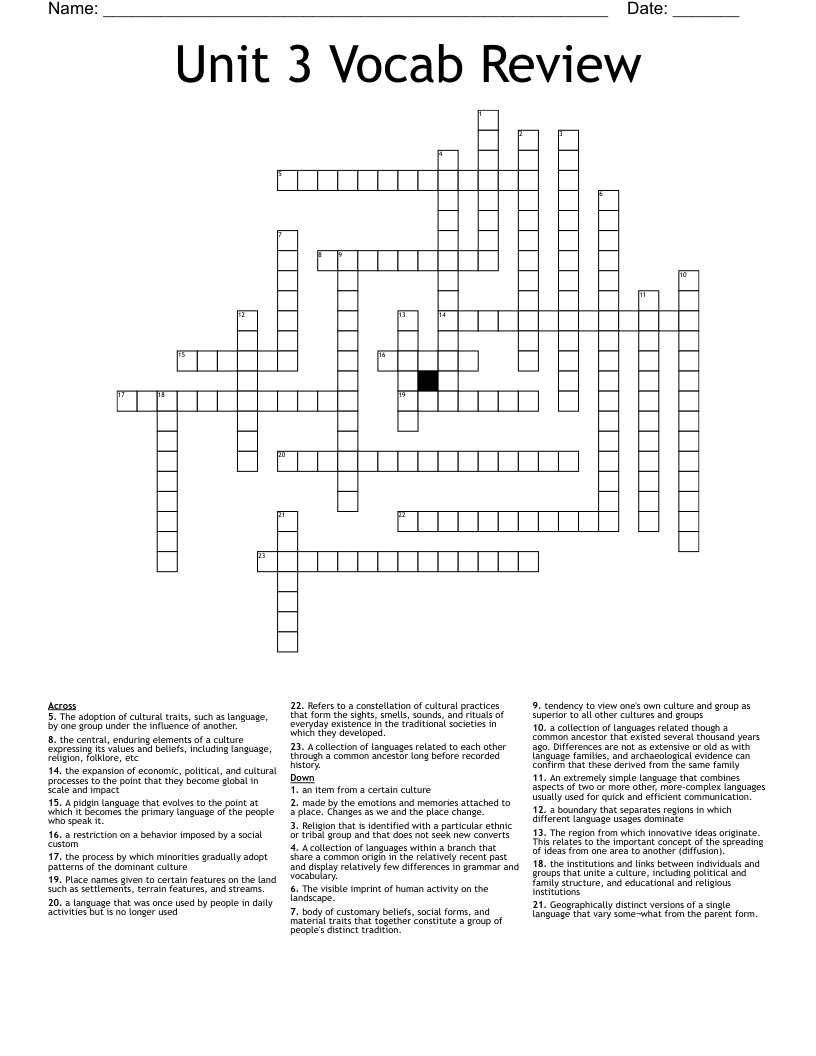 Unit 3 Vocab Review  Crossword