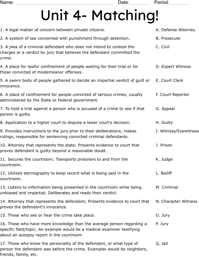 Unit 4- Matching! Worksheet