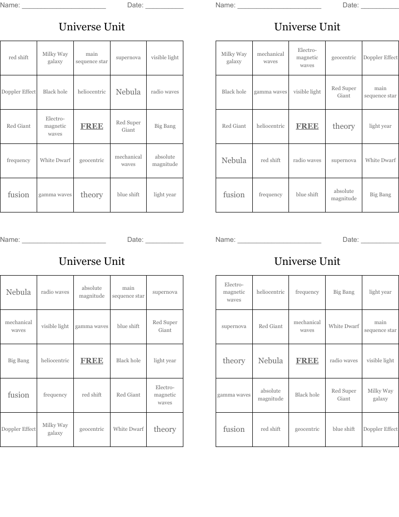 Universe Unit Bingo Cards