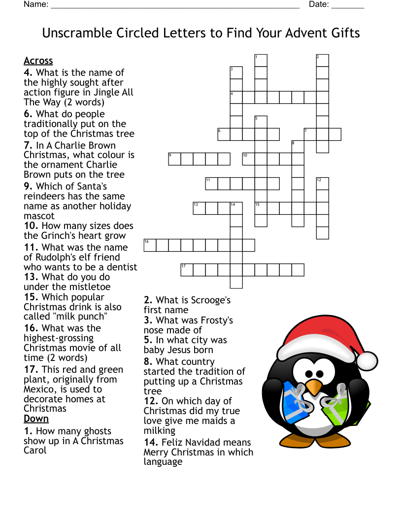 Unscramble Circled Letters to Find Your Advent Gifts Crossword