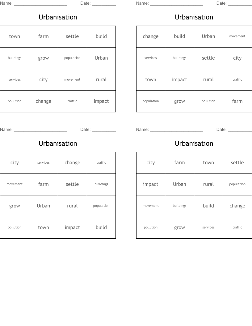 Urbanisation Bingo Cards