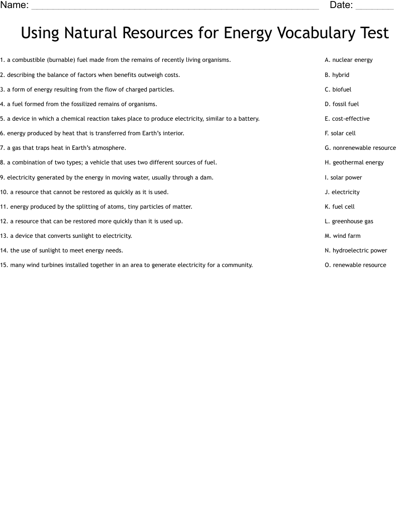 Using Natural Resources for Energy Vocabulary Test Worksheet