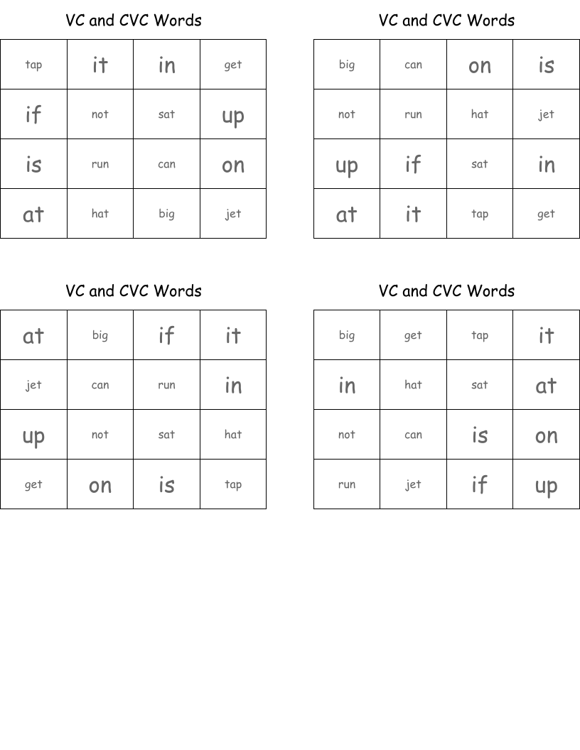 VC and CVC Words Bingo Cards