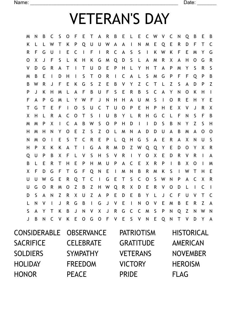 VETERAN'S DAY Word Search