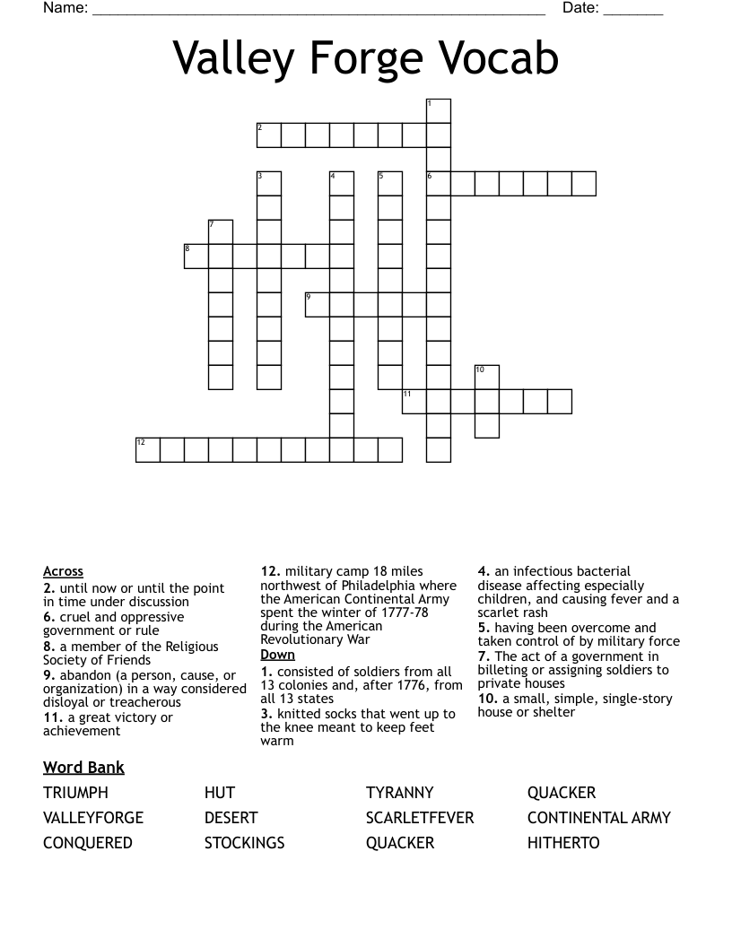 Valley Forge Vocab Crossword
