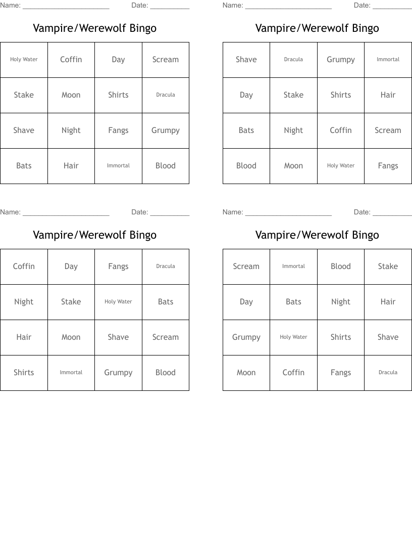 Vampire/Werewolf Bingo