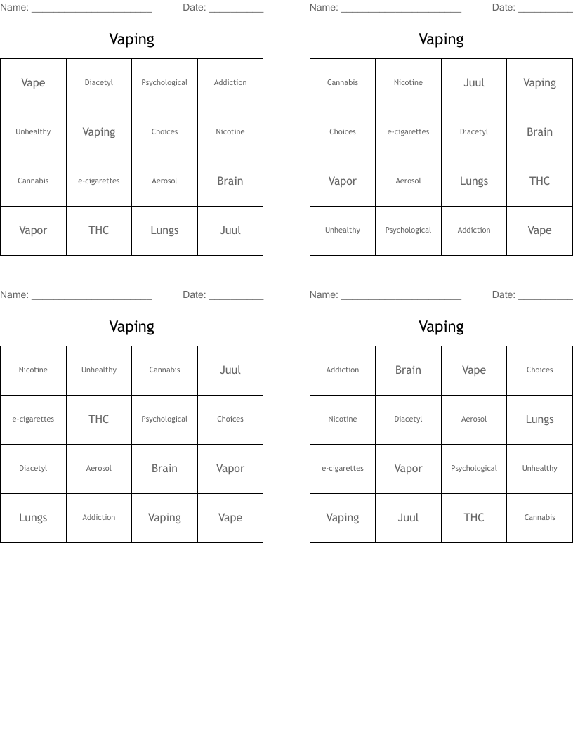Vaping Bingo Cards