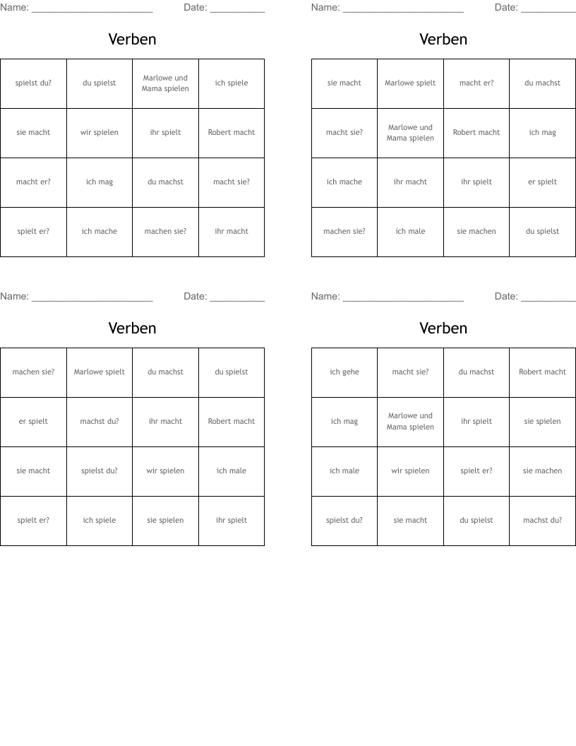Verben Bingo Cards