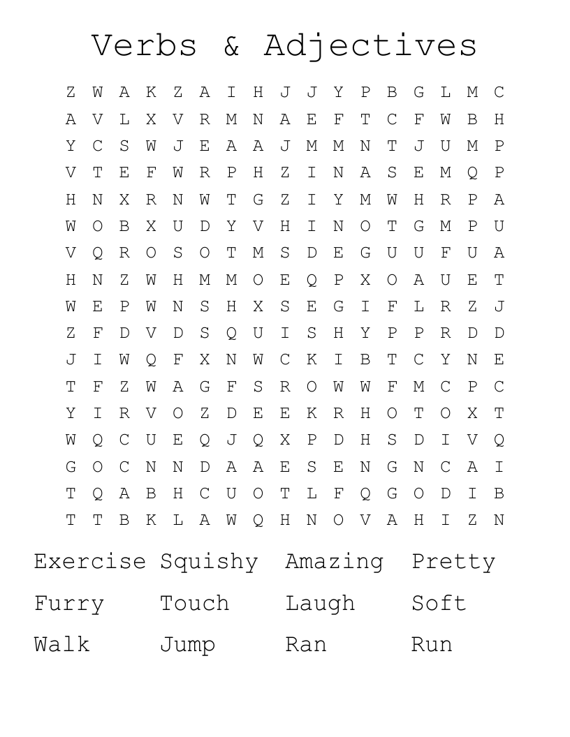 Verbs & Adjectives Word Search